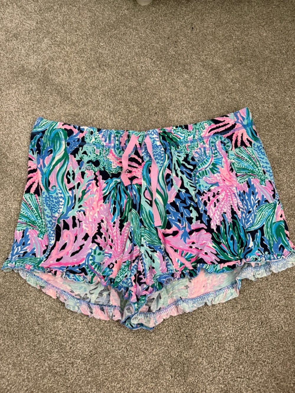 Lilly Pulitzer Pink & Teal Coral-Print Ruffle Hem Athletic Shorts
